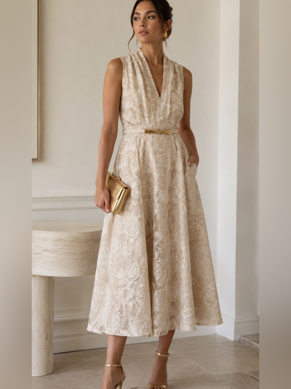 Donna Karan Lace V-Neck Midi Dress in Cream with Gold Accents